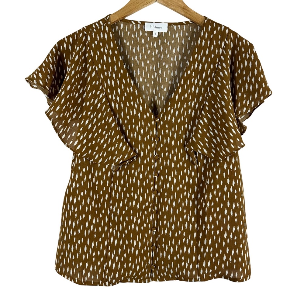 bohme Women's Top Mustard Polka Dot Flutter Sleeves Button‎ Down Blouse Size S